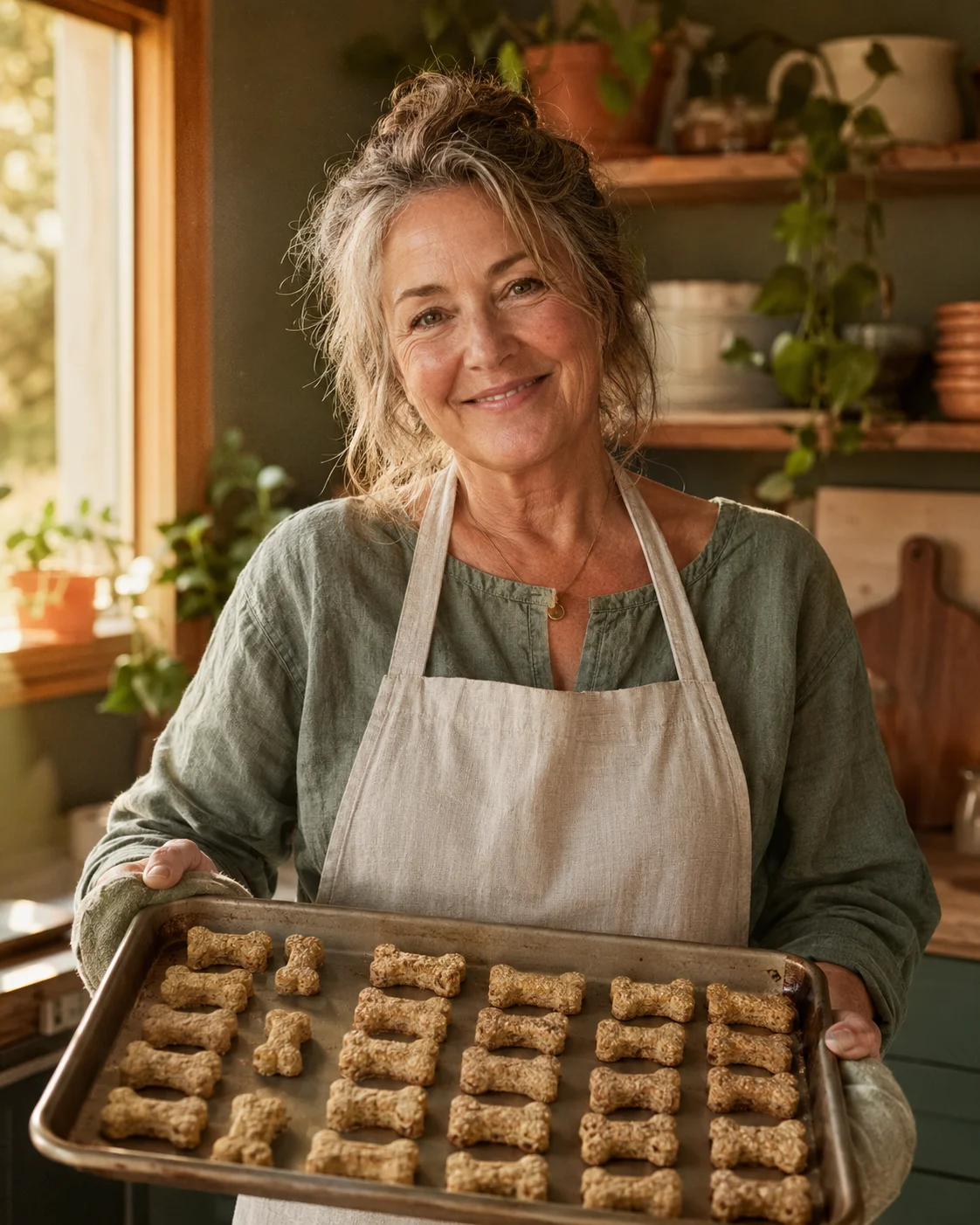 Home baker holding a tray of cat treats